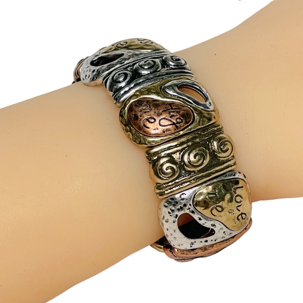 Hammered Tri-Tone Stretch Bracelet Medallions Kiss Me Hug Me Love Me
